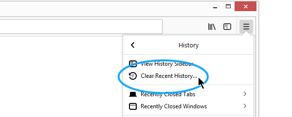 Screenshot of the History menu, showing the Clear Recent History menu item