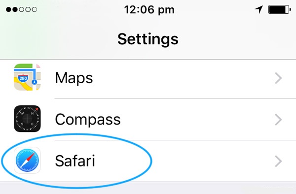 Screenshot of the Settings screen, highlighting the Safari item