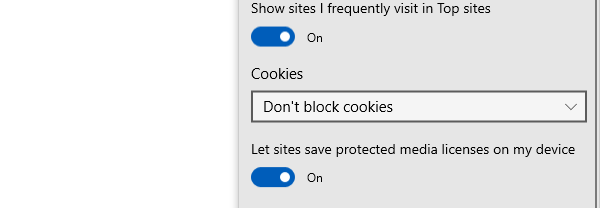 Screenshot showing the Cookies options.