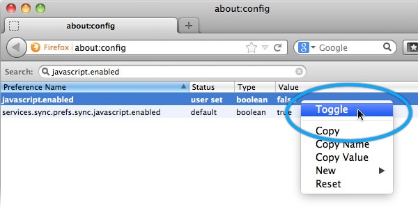 Screenshot showing the Toggle menu item for the javascript.enabled setting