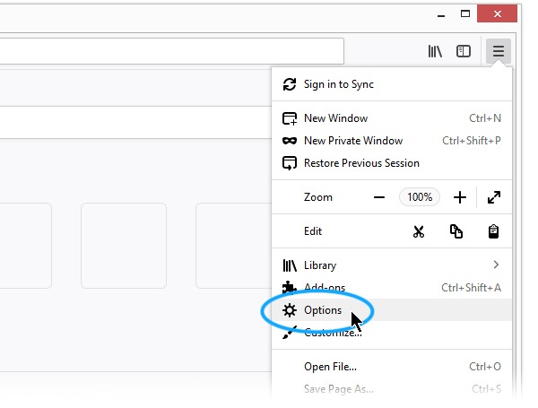 Screenshot showing the location of the Options menu item in the expanded Firefox menu