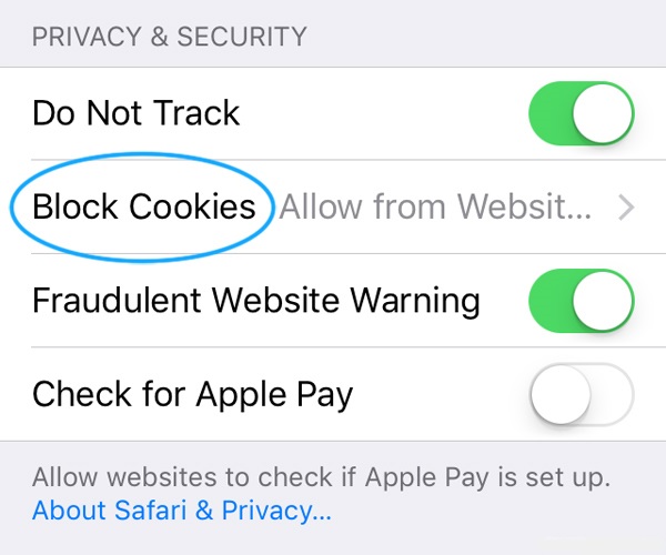 Screenshot showing the Block Cookies item