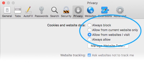 Screenshot of the Safari Privacy tab. There are three Cookie blocking options in the middle.